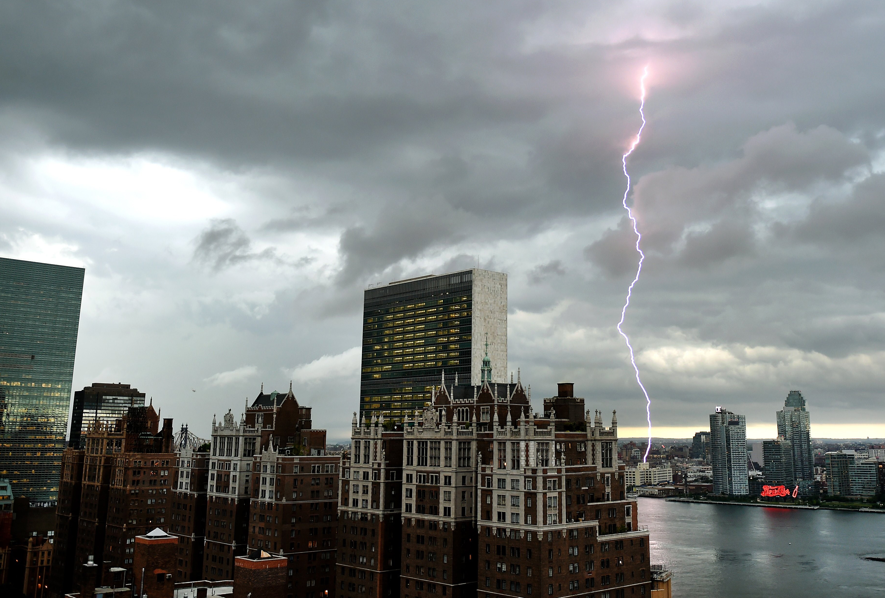 Lightning strikes over the East River