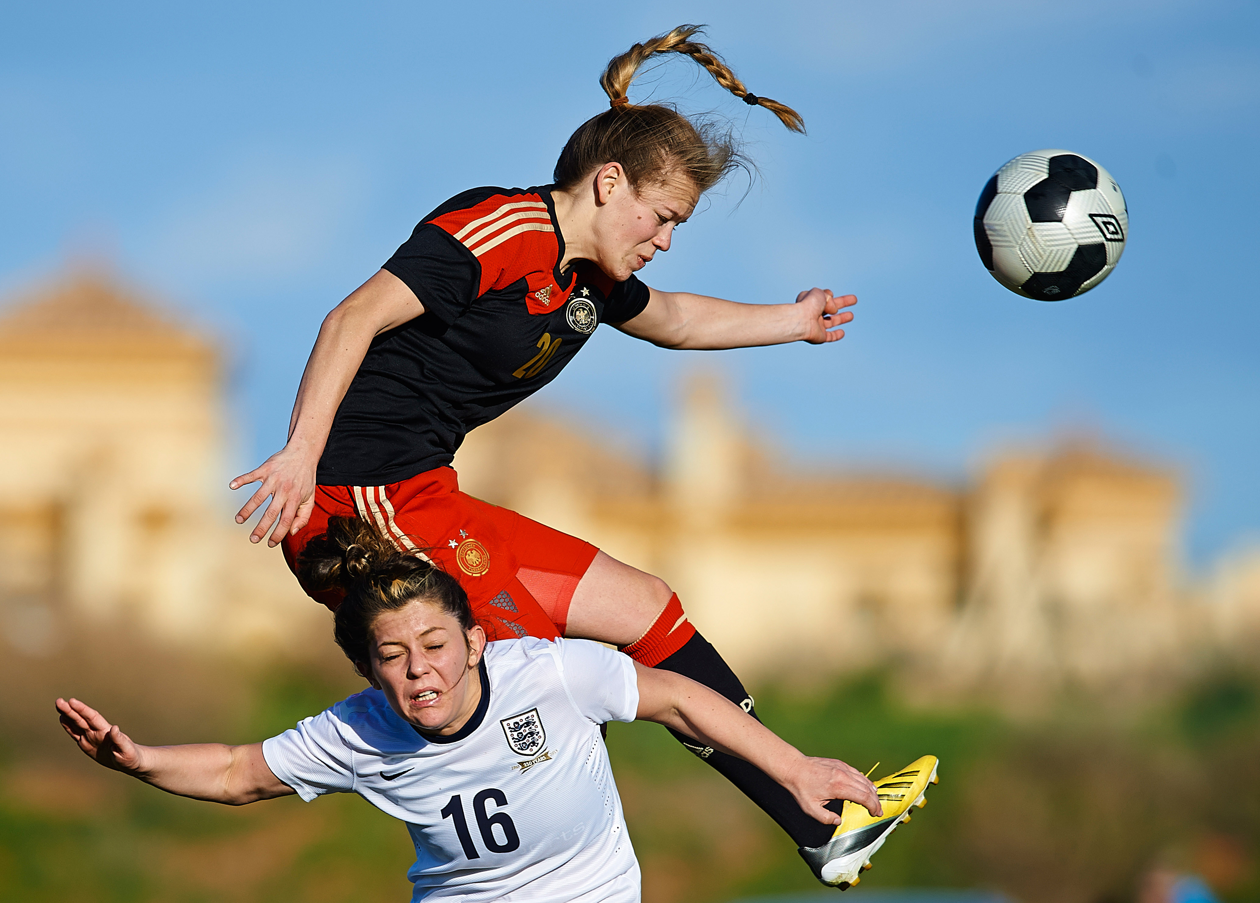 LA MANGA, SPAIN - MARCH 03:Blanca Bragg (L) of England competes for the ball with Margarita Gidion of Germany during the U-23 friendly match between England and Germany at la Manga Club on Ma