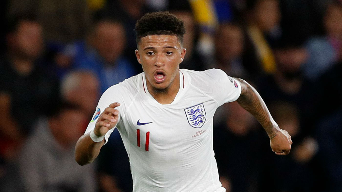 Jadon Sancho scored twice in England’s 5-3 victory over Kosovo on 10 September 