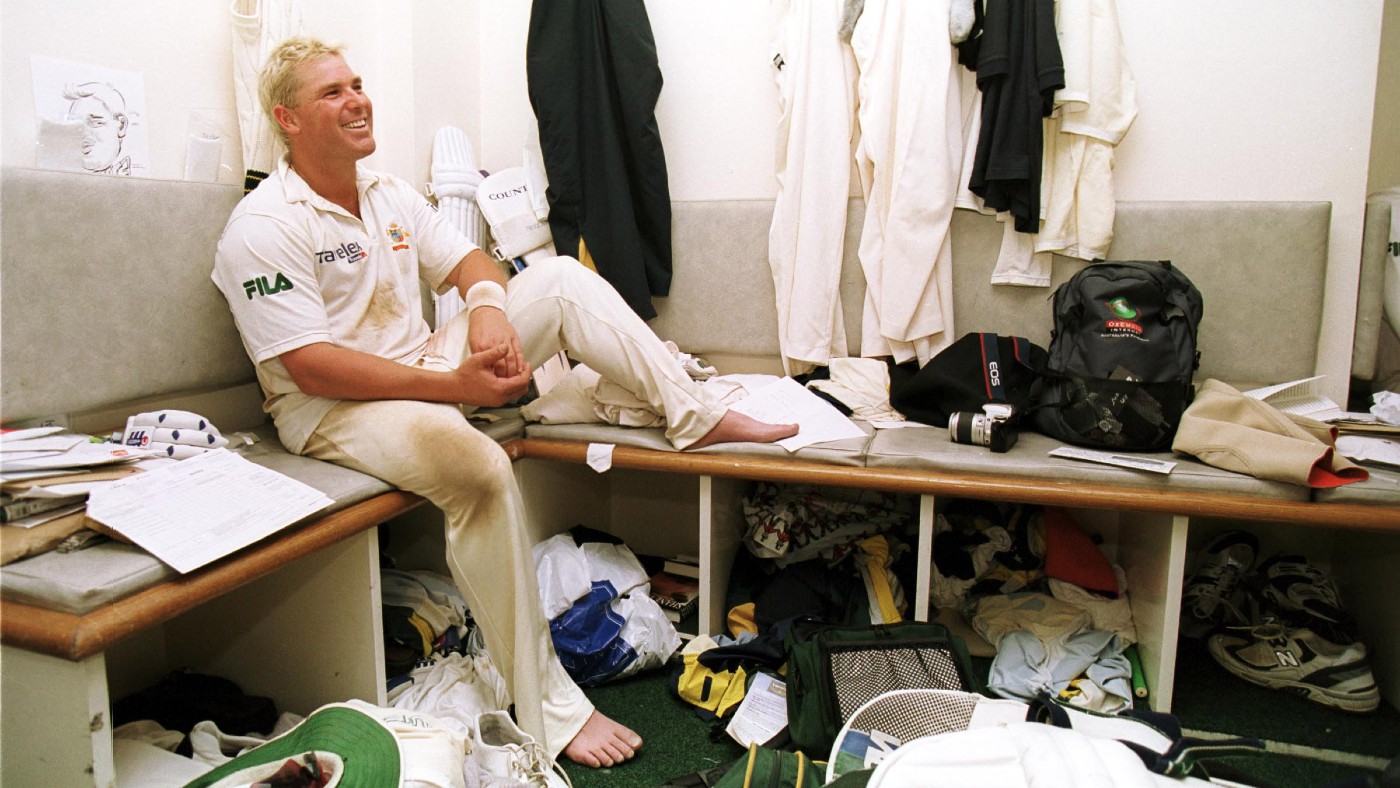 Shane Warne in The Oval dressing room after an Ashes Test against England