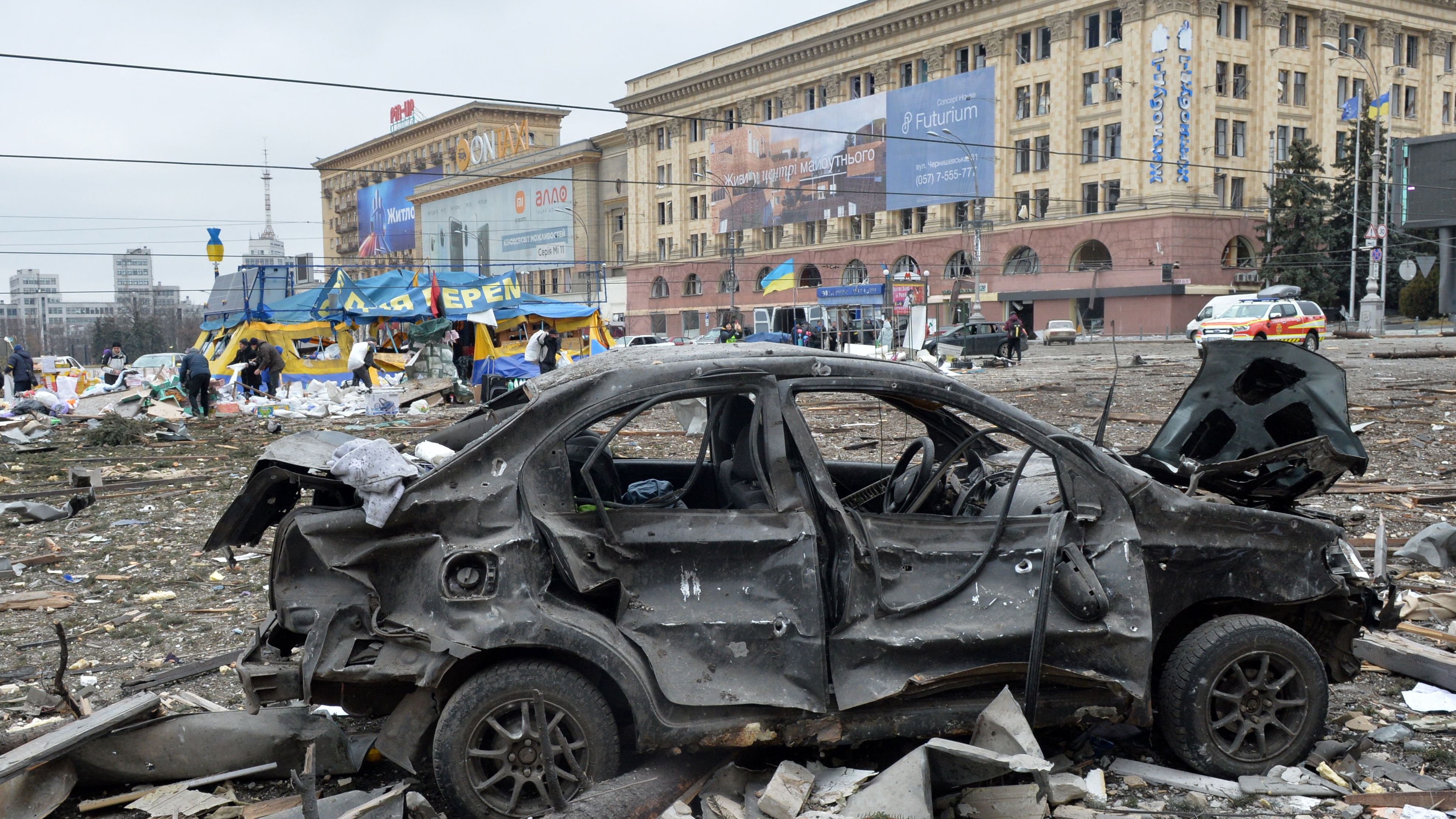 The aftermath of Russian shelling in Kharkiv’s Freedom Square