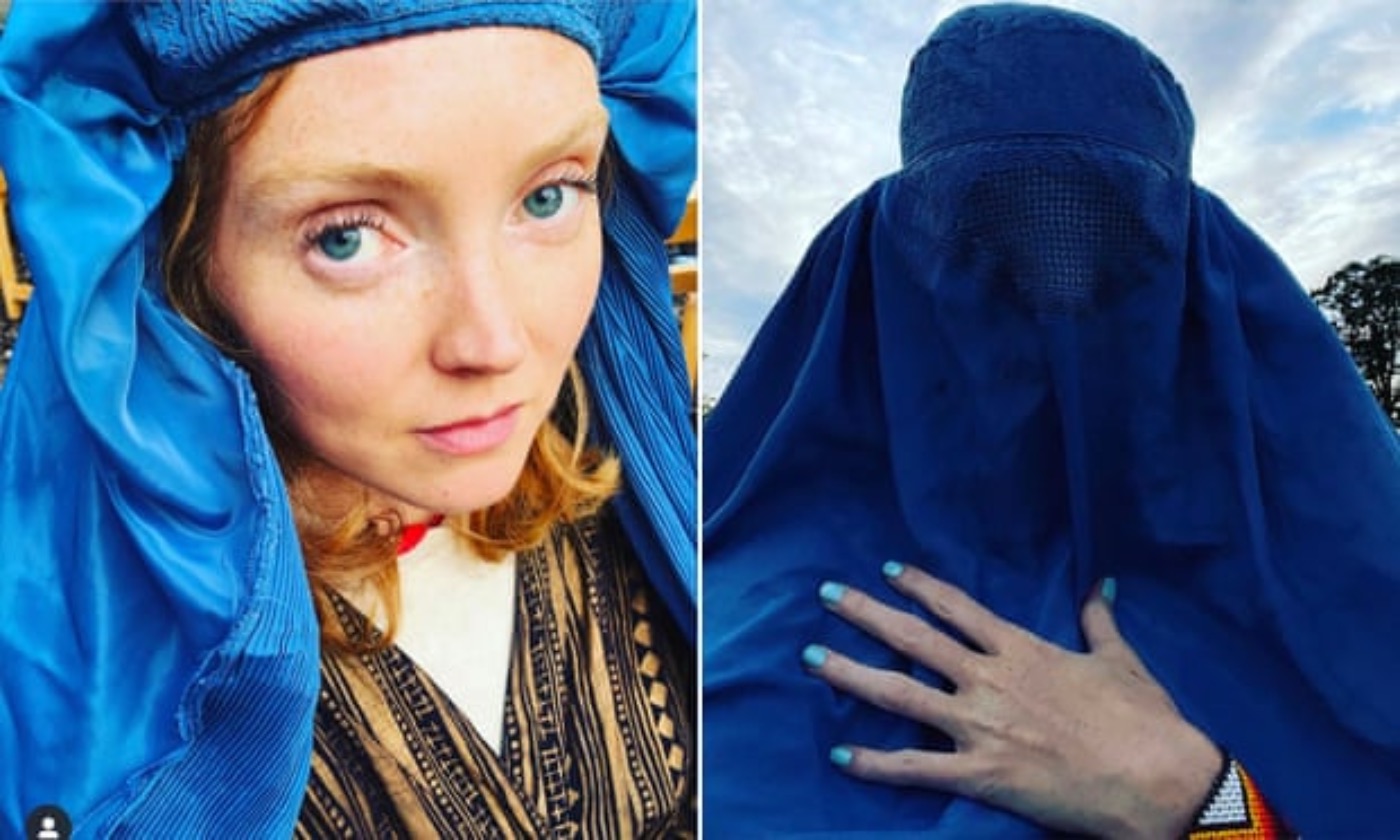 Lily Cole posing in a burqa