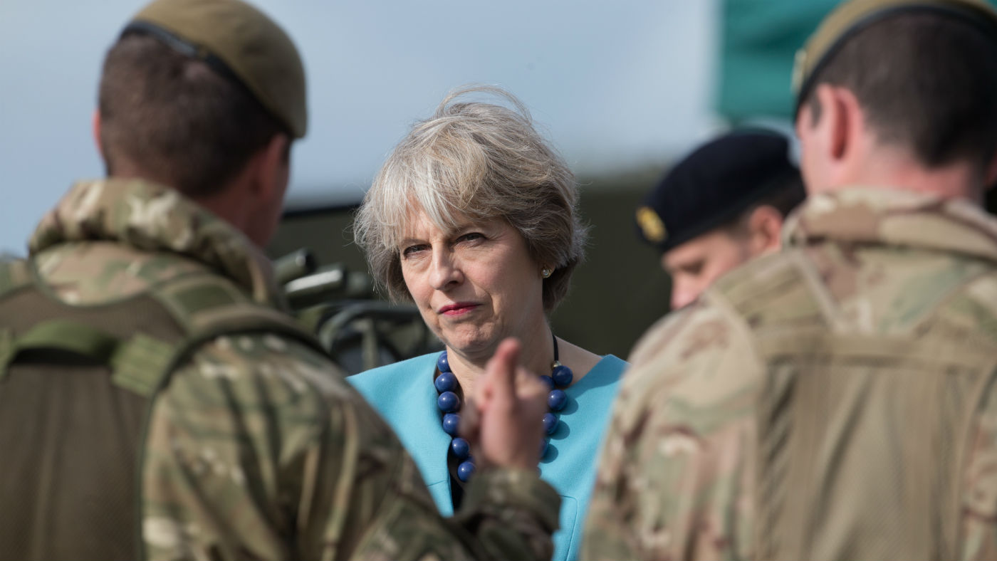Theresa May meets troops of 1st Battalion The Mercian Regiment in Salisbury in 2016