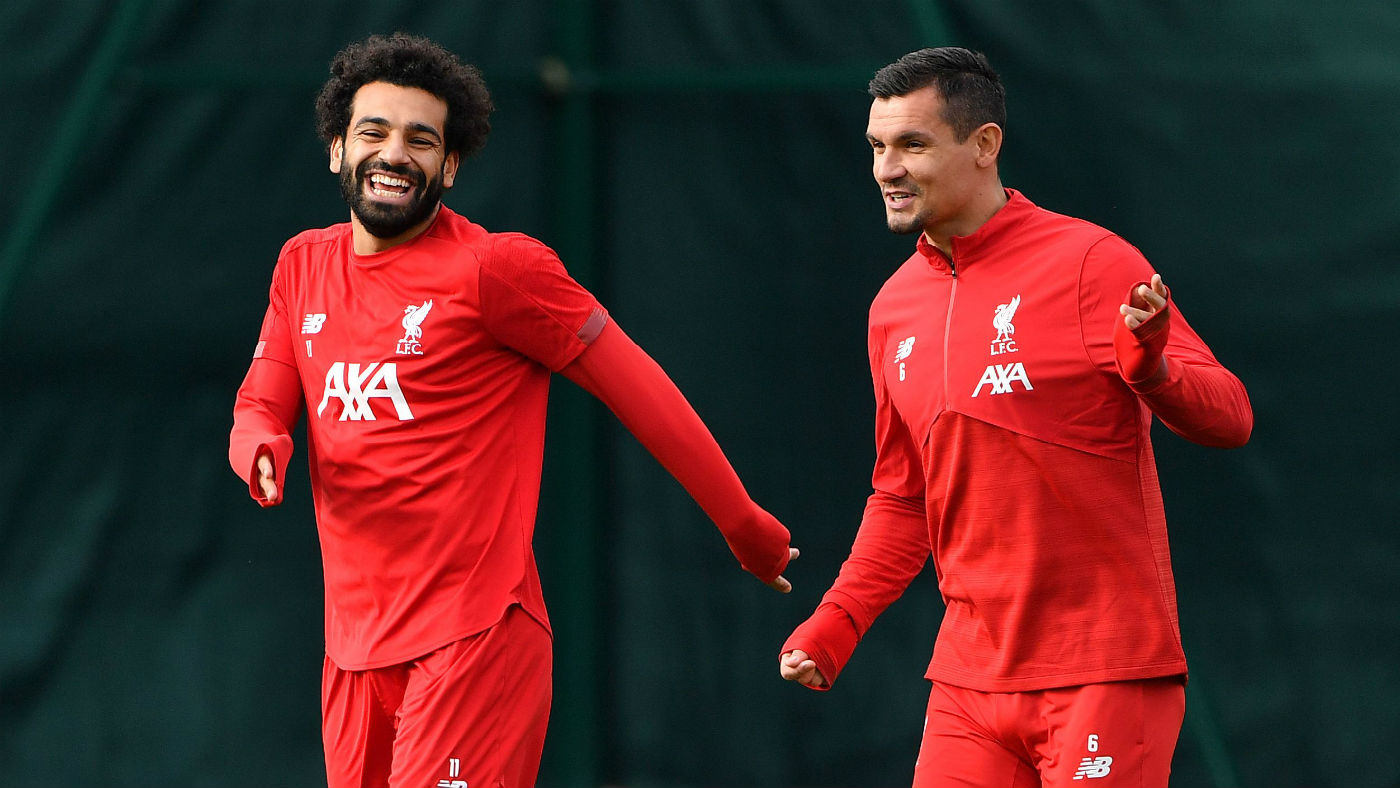 Liverpool forward Mohamed Salah and defender Dejan Lovren in training at Melwood on Tuesday