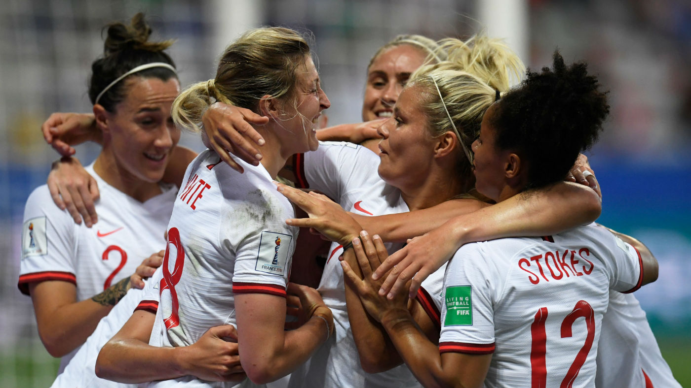 England players celebrate Ellen White’s opening goal against Japan in the Women’s World Cup