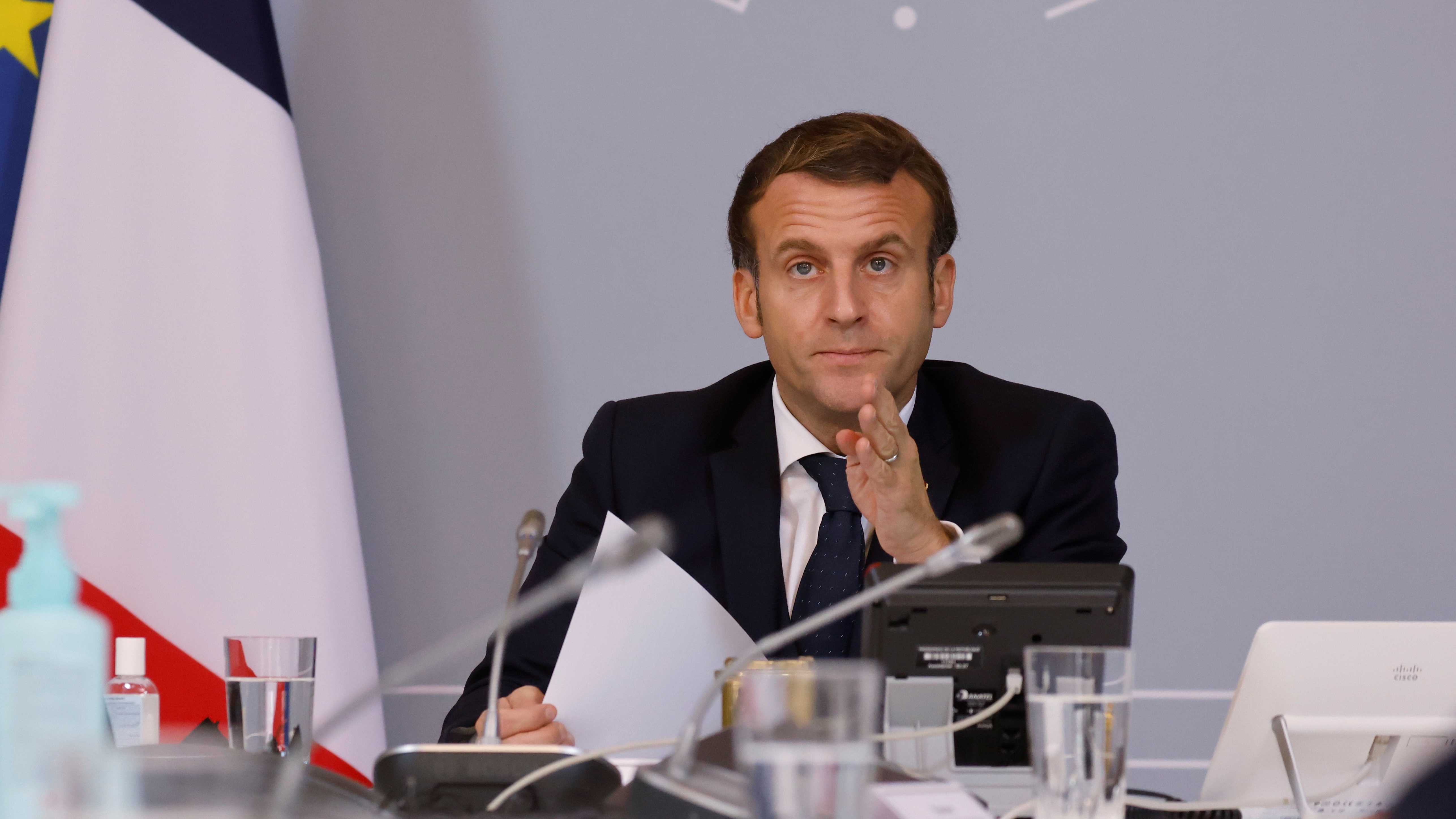 Emmanuel Macron speaks during a videoconference