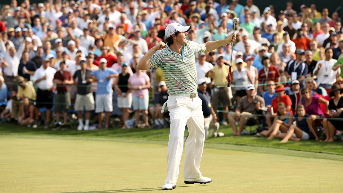 Rory McIlroy celebrates his victory at the Quail Hollow Championship on 2 May 2010