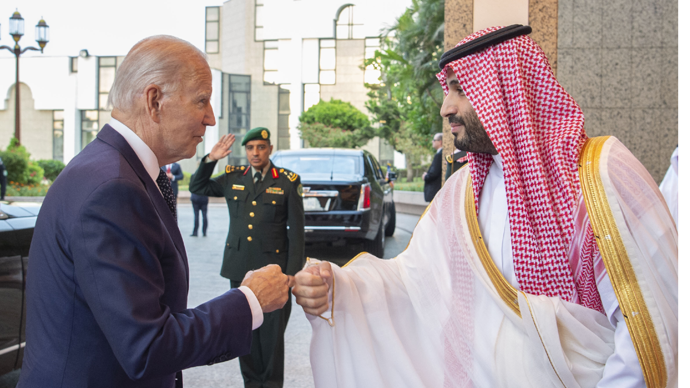US President Joe Biden greets Saudi Arabian Crown Prince Mohammed bin Salman