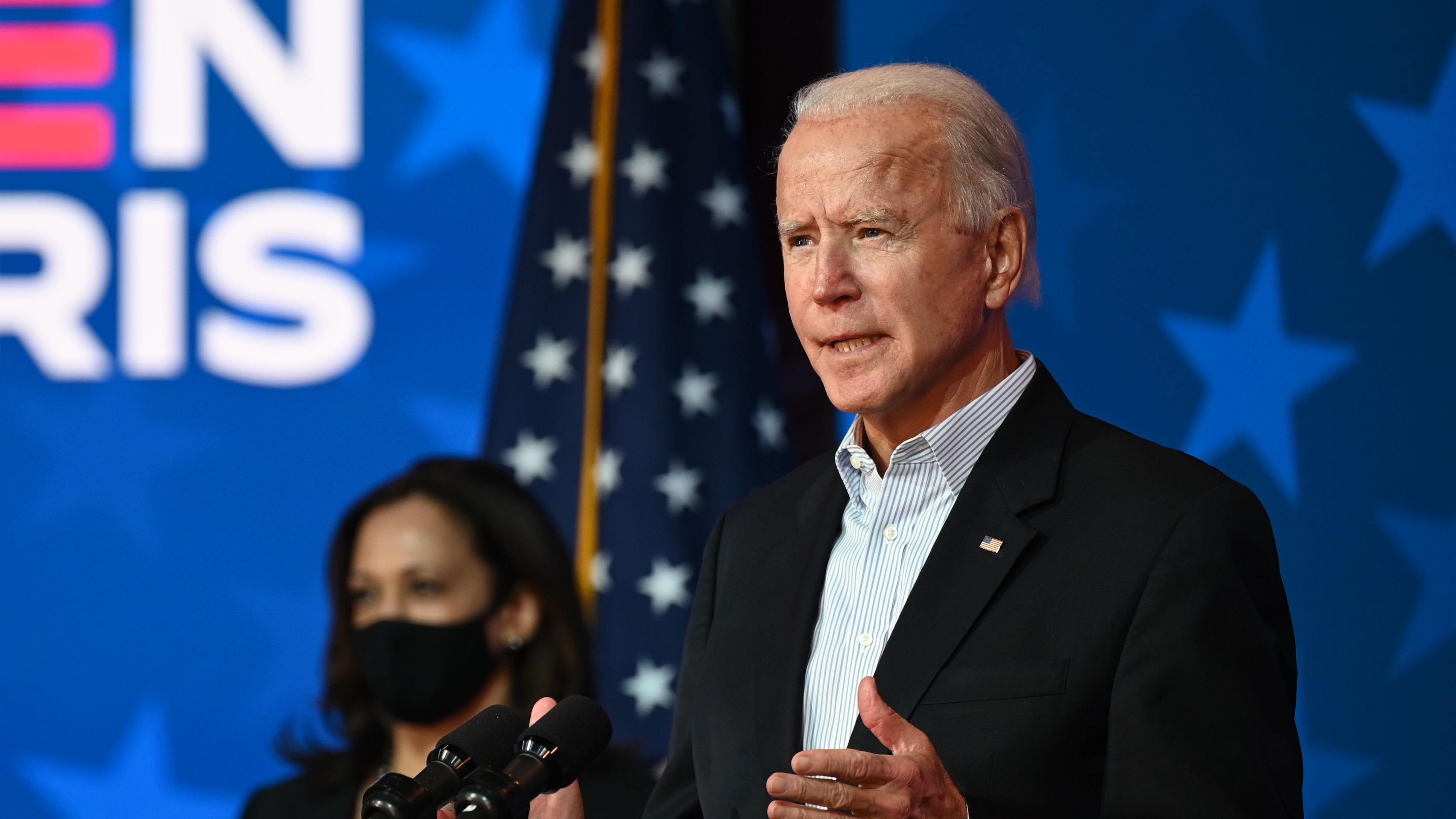Then-Democratic candidate Joe Biden address supporters while votes were being counted across the US