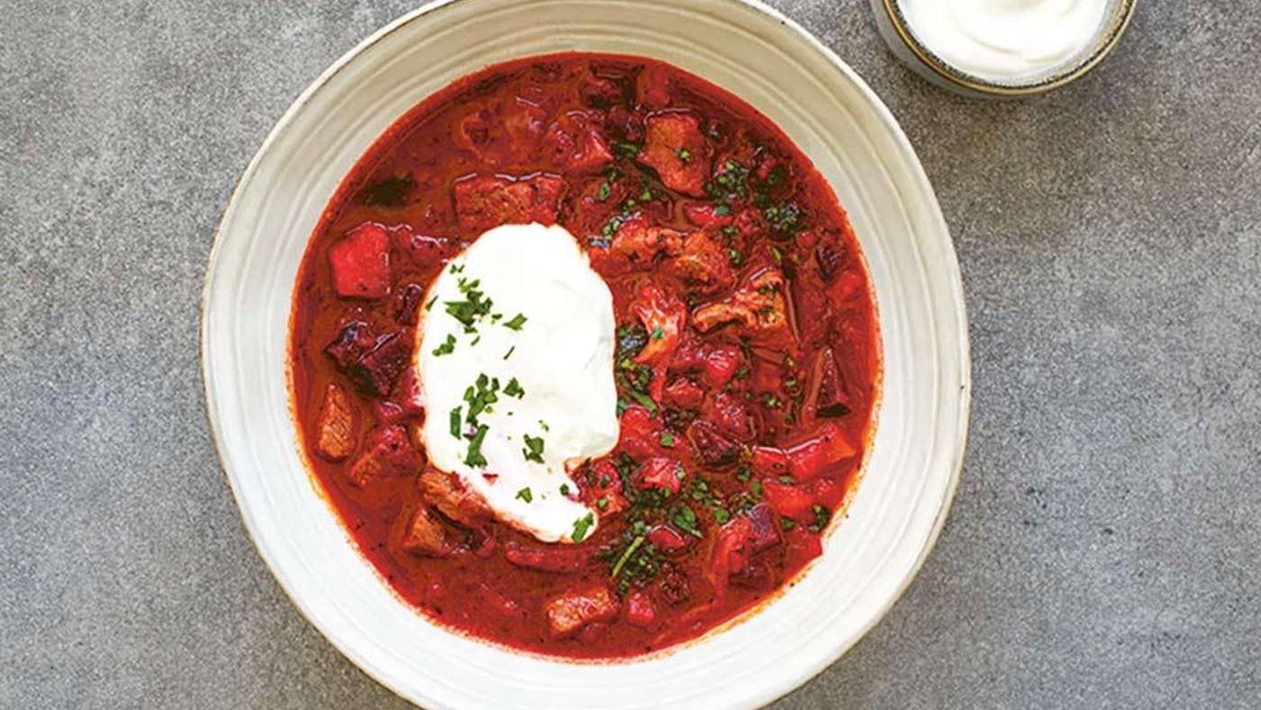 Beet borscht in a bowl