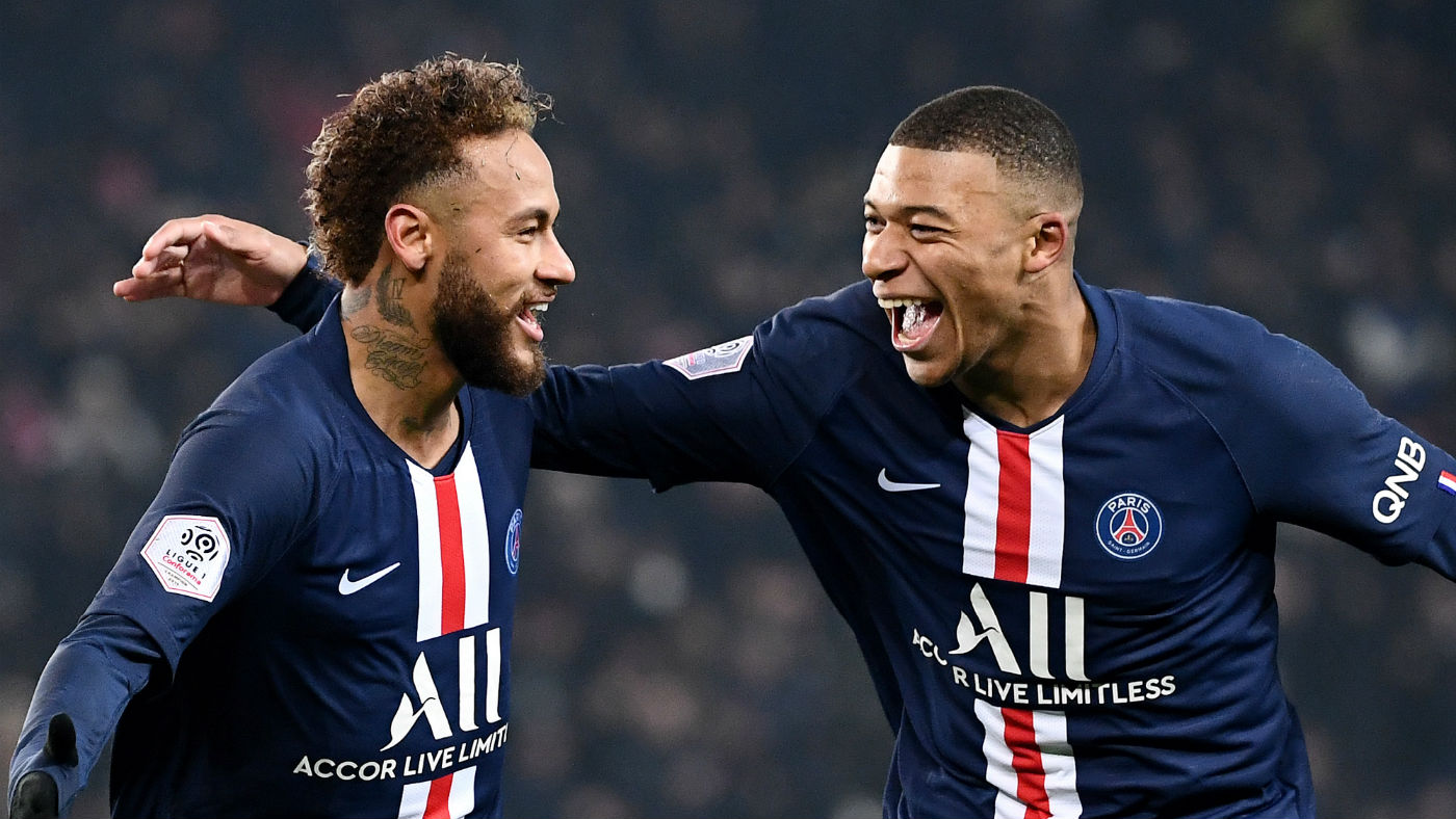 Neymar and Kylian Mbappe celebrate a goal for Paris Saint-Germain 