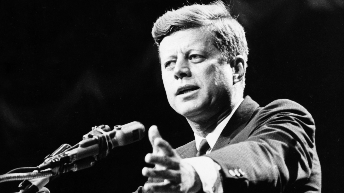 1962:US statesman John F Kennedy, 35th president of the USA, making a speech.(Photo by Central Press/Getty Images)