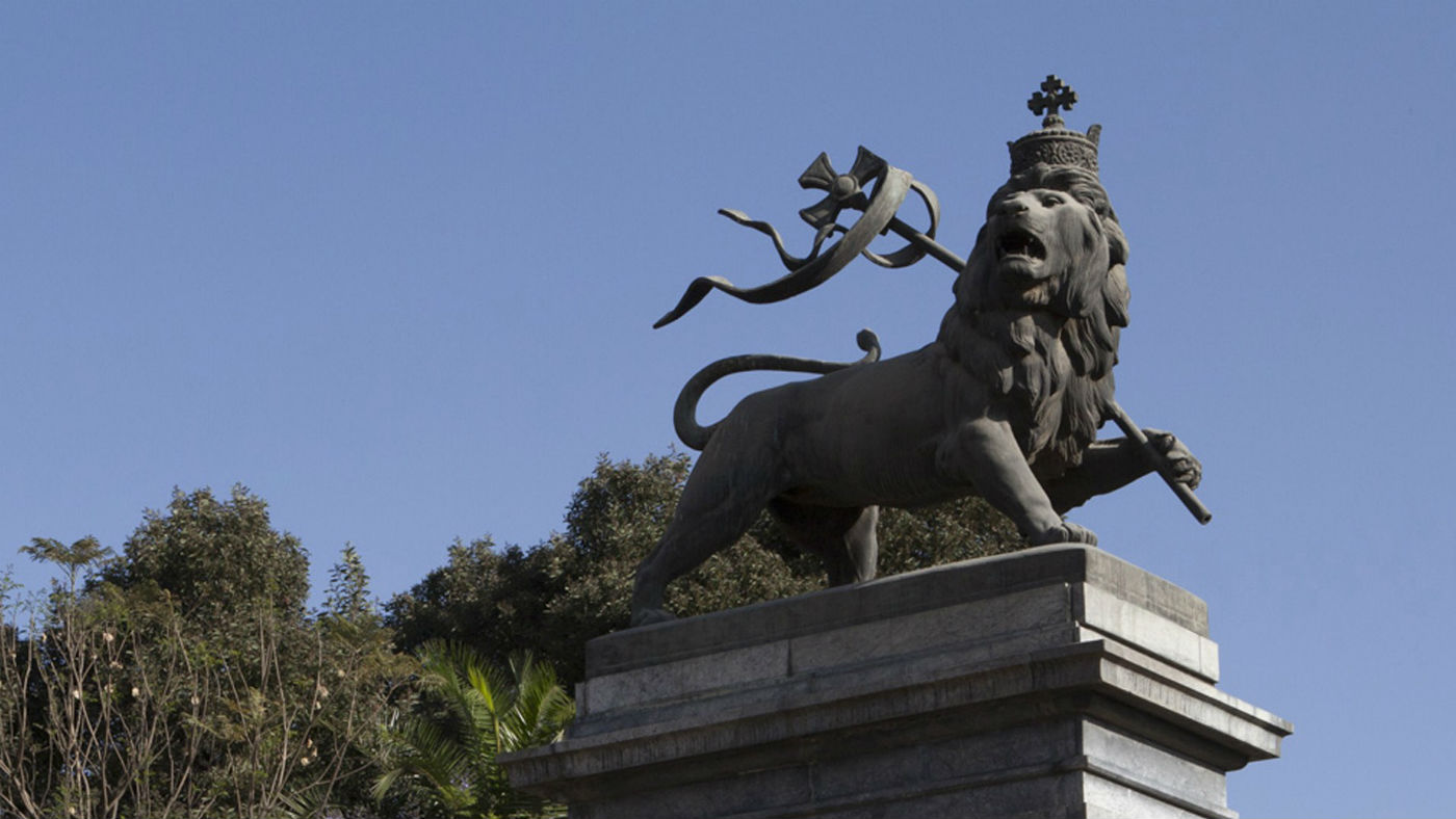A lion statue situated near the Central Train Station in Ethiopia&#039;s capital Addis Ababa