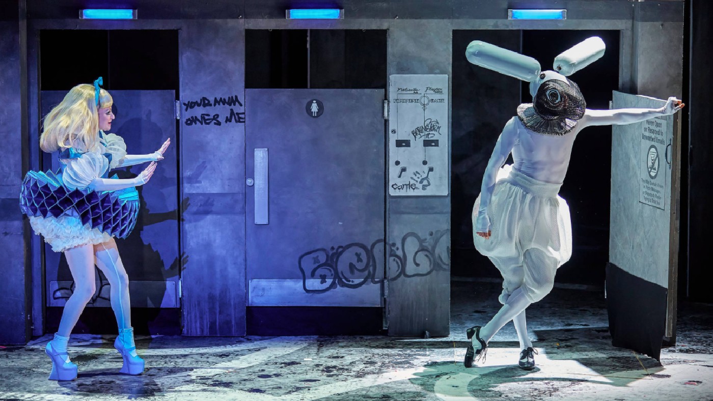 Carly Bawden as ‘Alice’ and Joshua Lacey as the white rabbit in Wonder.land, Royal National Theatre, London 2015