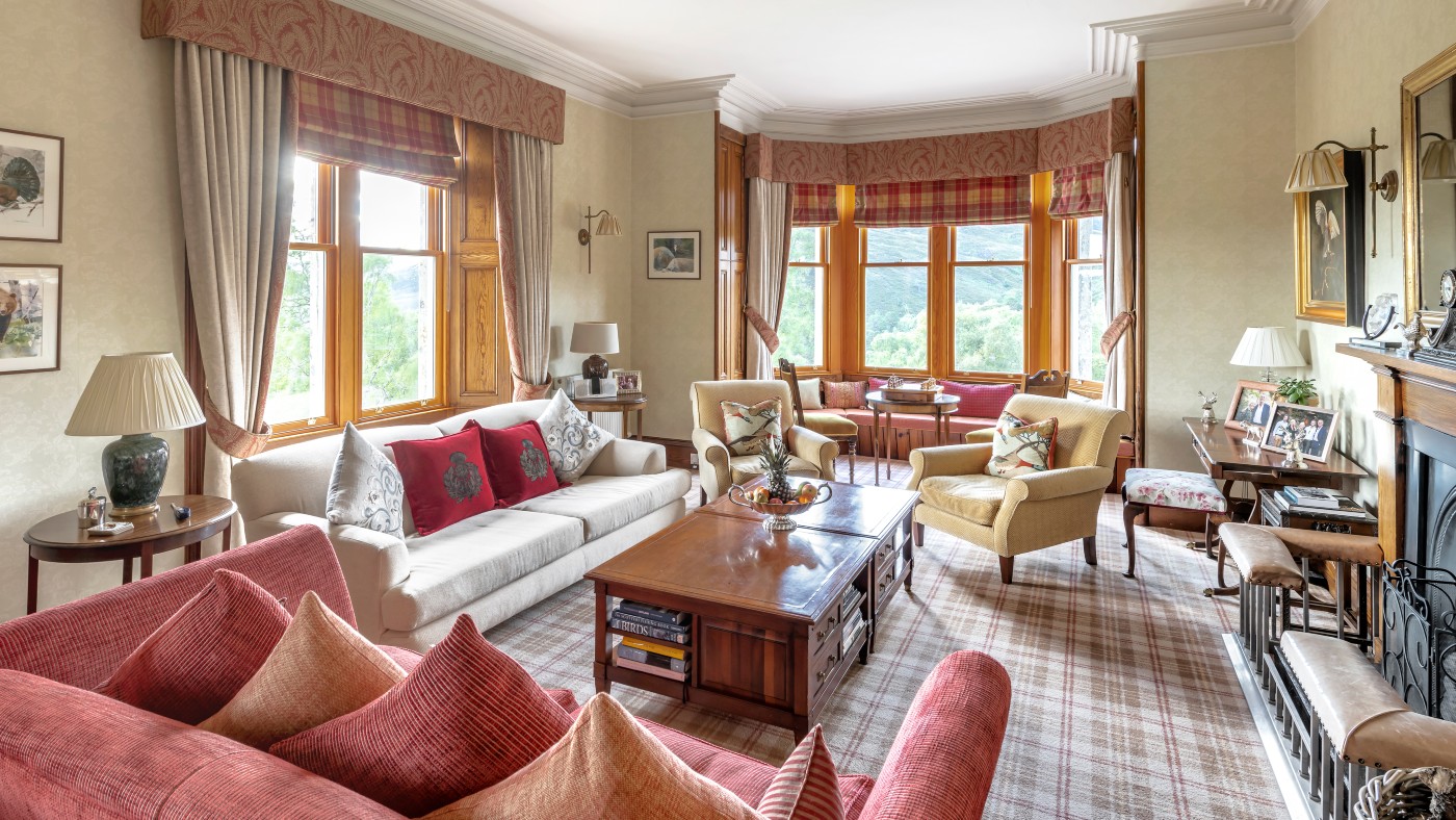 The drawing room inside Alladale Lodge   