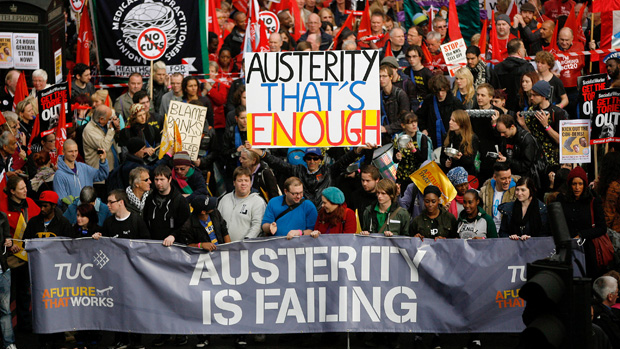 LONDON, UNITED KINGDOM - OCTOBER 20:Demonstrators take part in a TUC march in protest against the government&#039;s austerity measures on October 20, 2012 in London, England. Thousands of people a