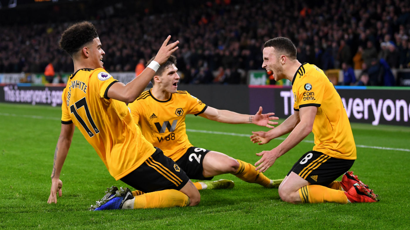 Diogo Jota (right) celebrates his goal for Wolves in the 2-1 win against Chelsea 