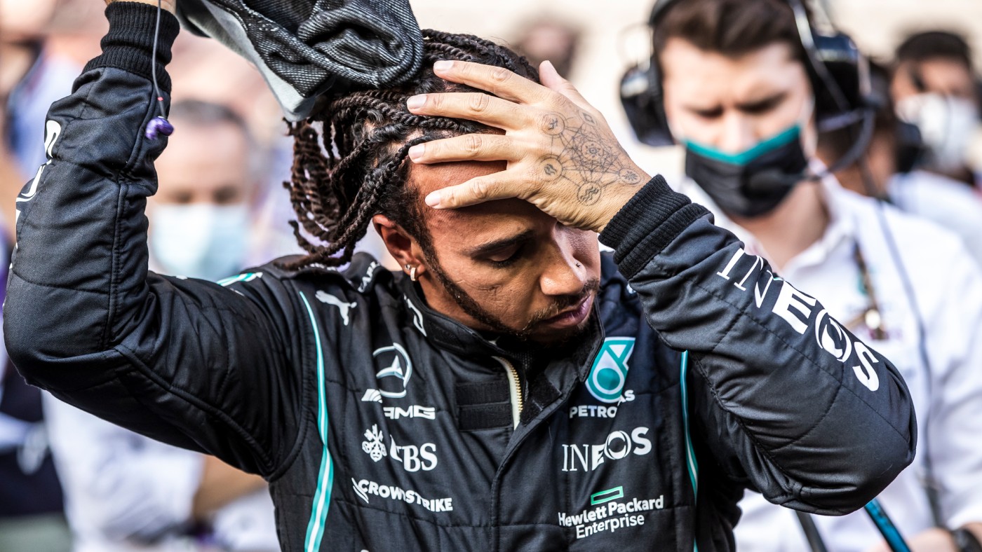 Lewis Hamilton reacts after the 2021 Abu Dhabi Grand Prix  