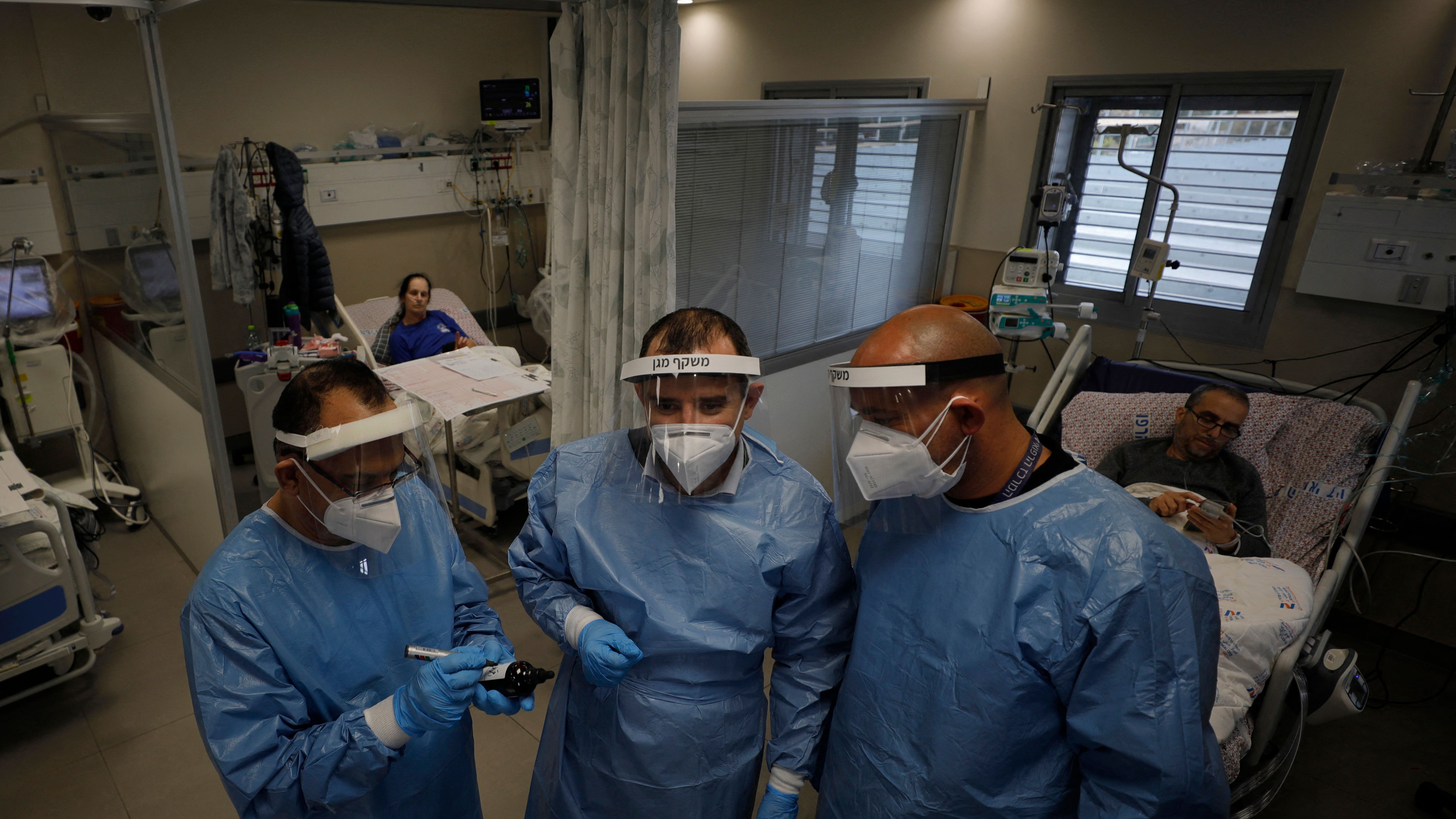 Medical workers on an isolation ward at the Ziv Medical Centre, Safed