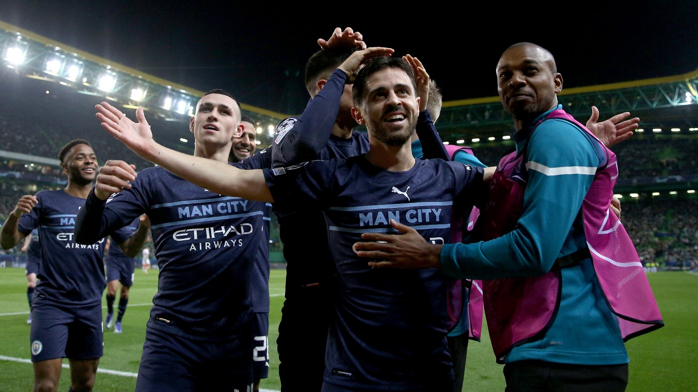 Man City’s Bernardo Silva celebrates scoring against Sporting CP