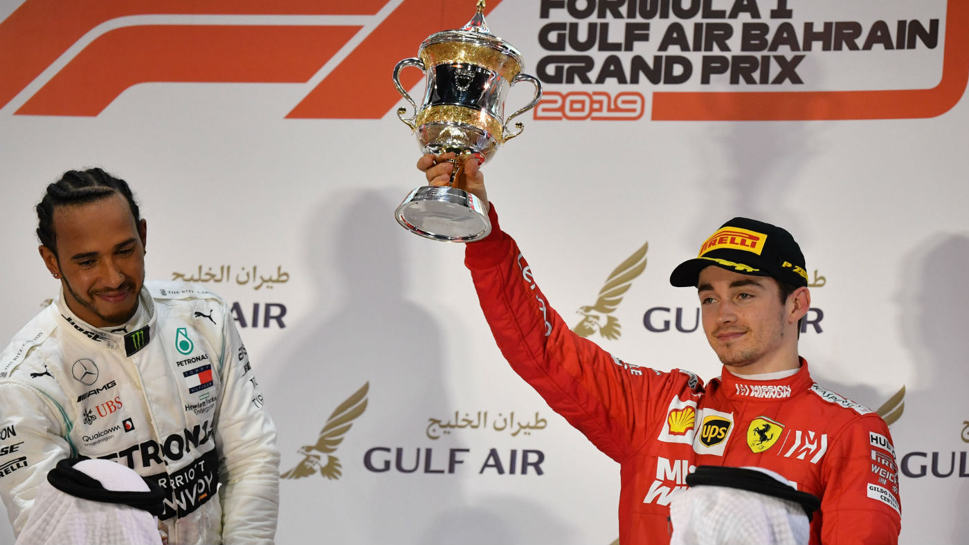Ferrari’s Charles Leclerc (right) finished third at the F1 Bahrain GP as Mercedes’s Lewis Hamilton (left) won the race