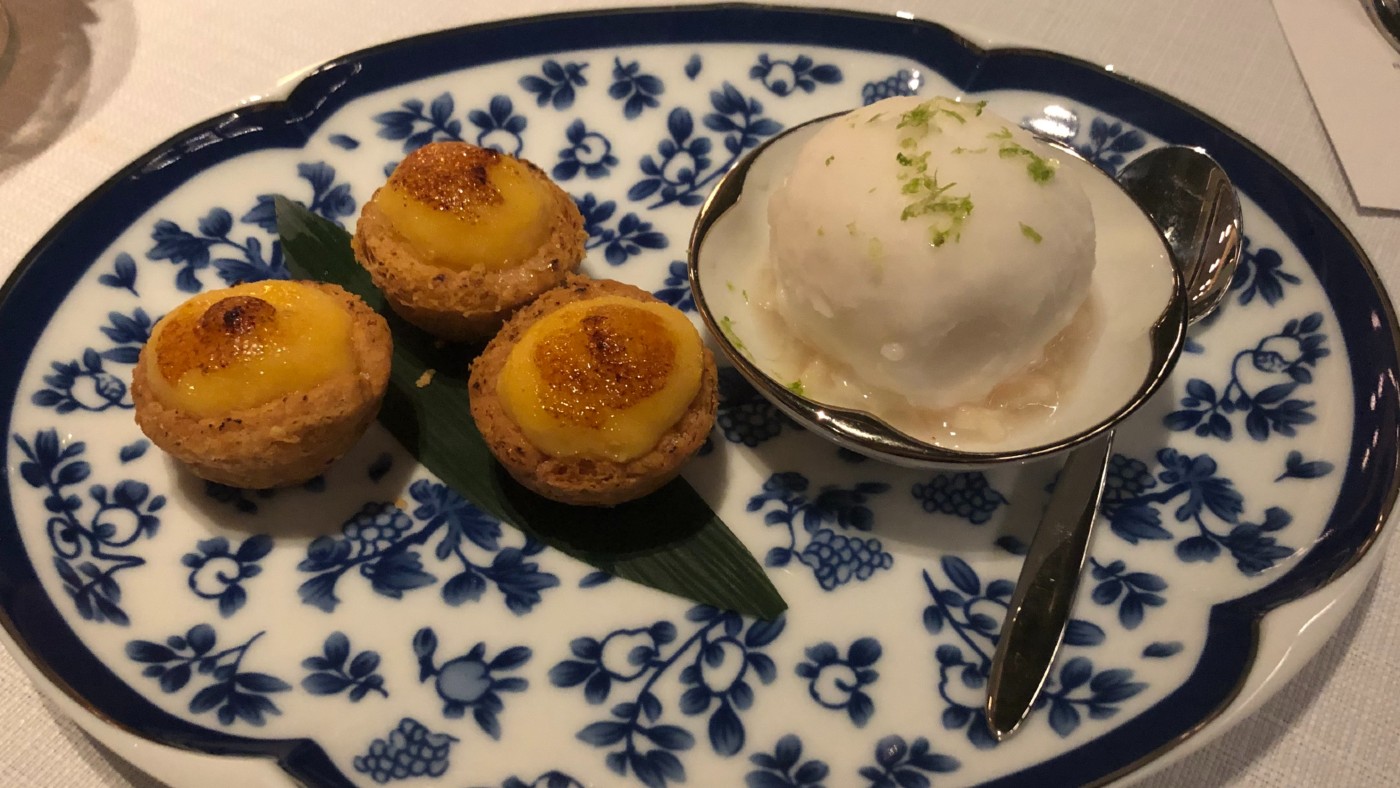 Dessert: chocolate Mandarin egg tarts with a lychee lime sorbet 