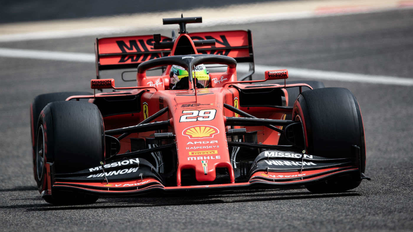 Mick Schumacher tested the Scuderia Ferrari SF90 at Bahrain International Circuit on 2 April 