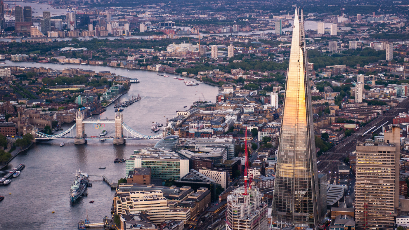 Aerial view of London Shard and Tower Bridge