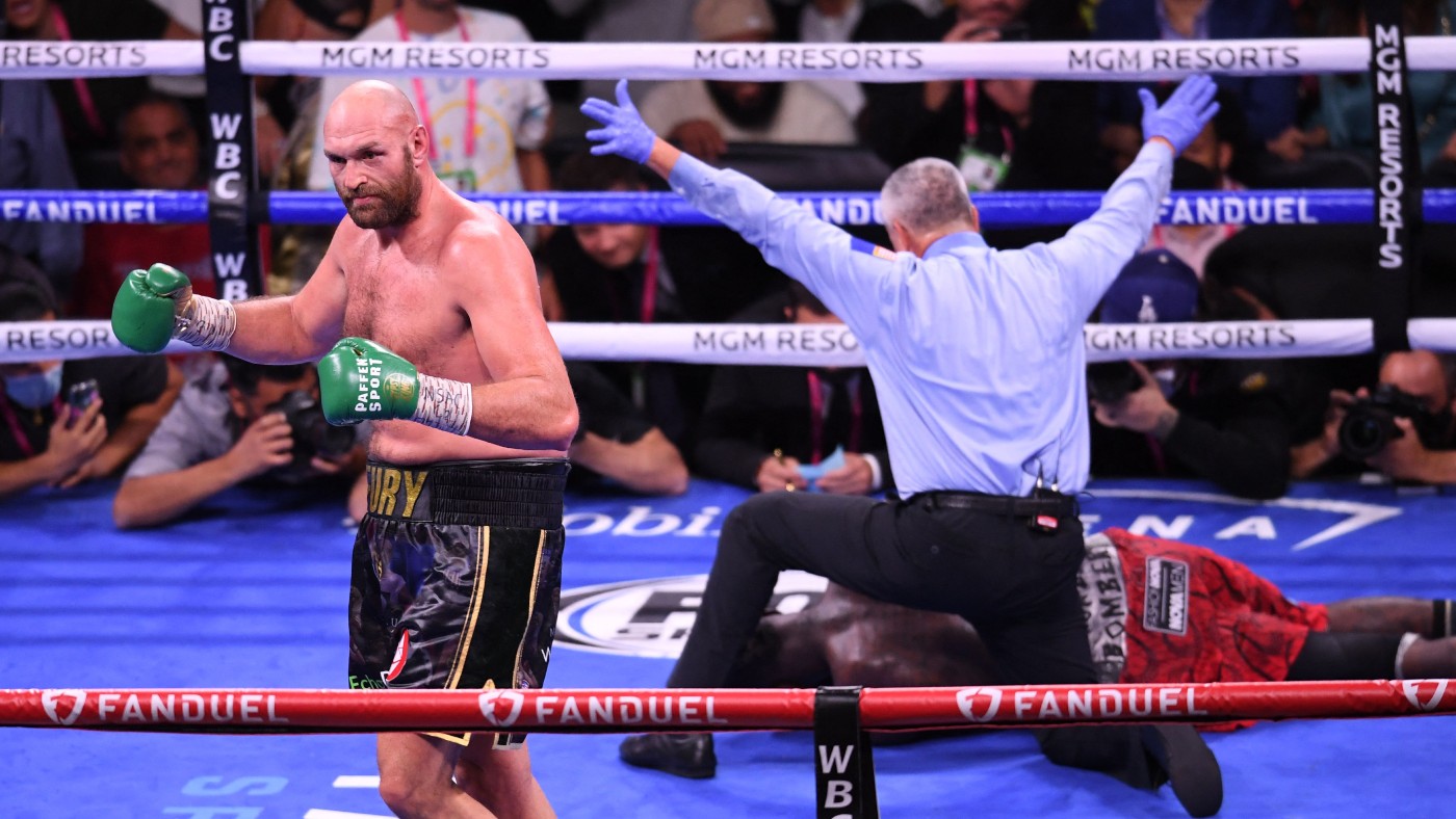 Tyson Fury celebrates his victory over Deontay Wilder in Las Vegas  