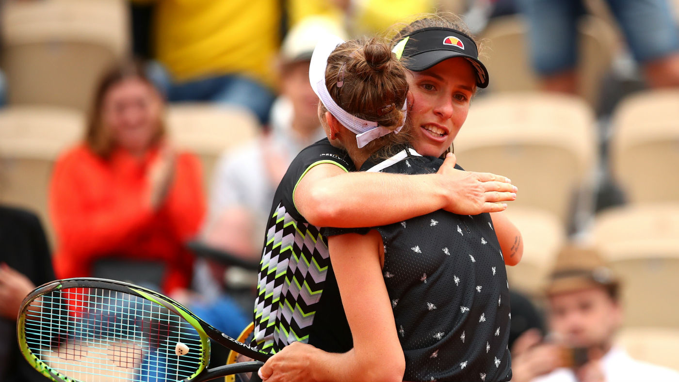 Johanna Konta congratulates Marketa Vondrousova after the French Open semi-final
