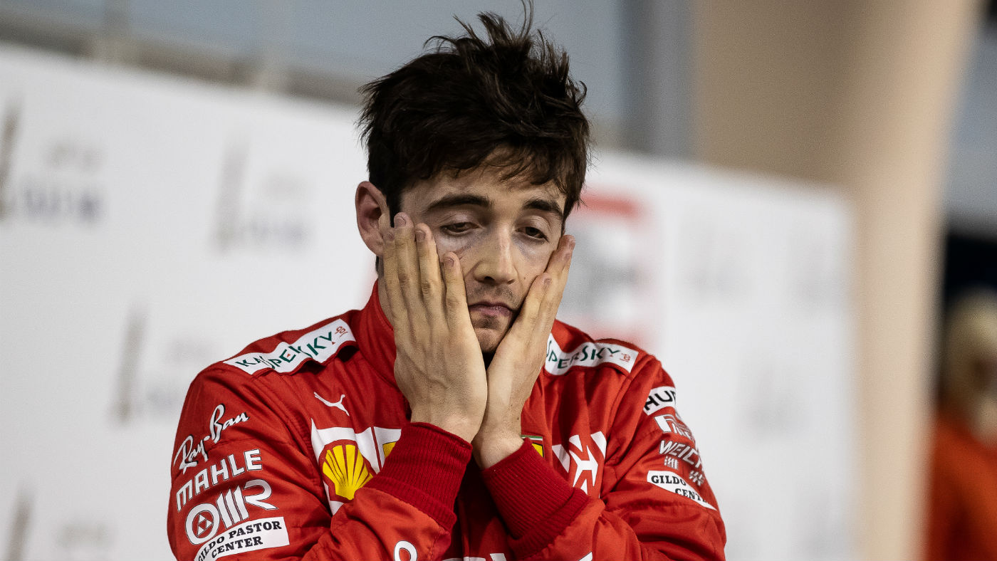 Ferrari’s Charles Leclerc reacts after finishing third at the 2019 F1 Bahrain Grand Prix 