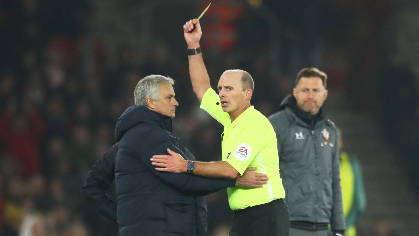 Tottenham boss Jose Mourinho was yellow carded by referee Mike Dean in the 1-0 defeat at Southampton 