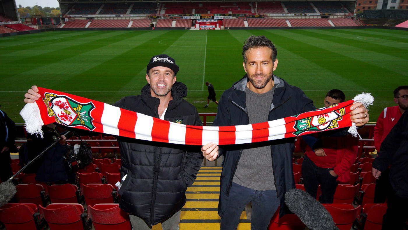 Rob McElhenney and Ryan Reynolds at Wrexham AFC’s Racecourse Ground   