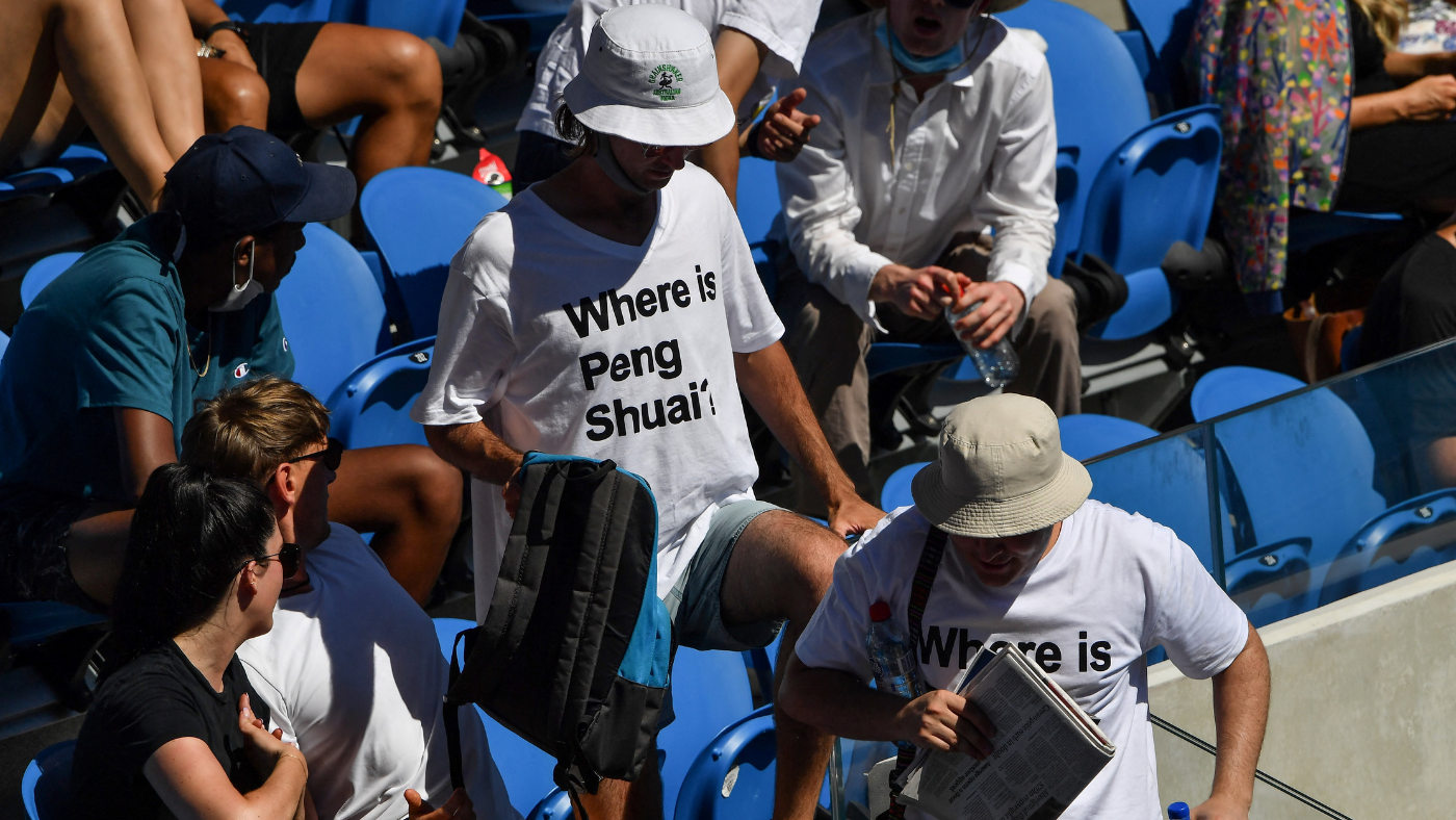 Two fans at the Australian Open wear T-shirts that say “Where is Peng Shuai?”