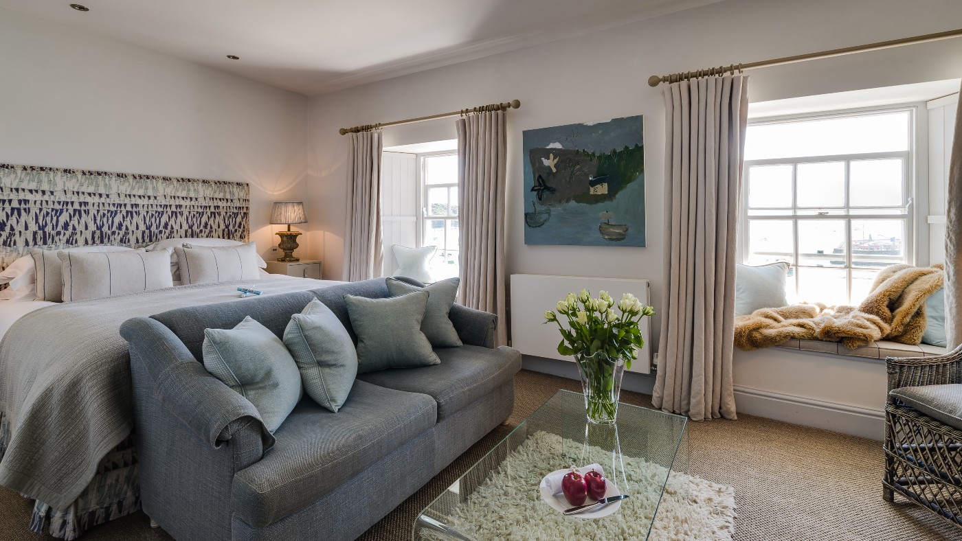 A grand seaview room at The Idle Rocks hotel in St Mawes, Cornwall