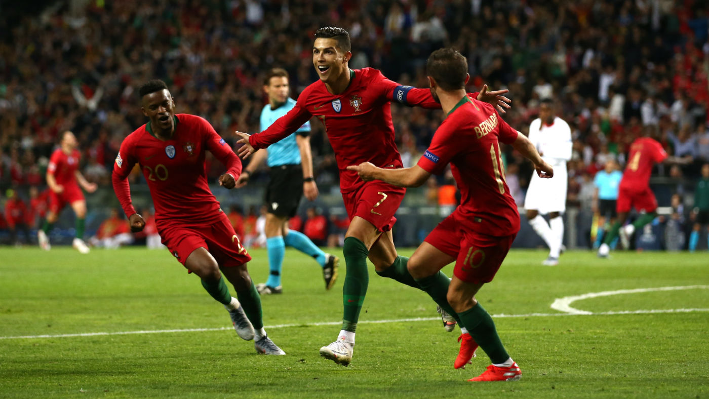 Portugal captain Cristiano Ronaldo celebrates his second goal against Switzerland 