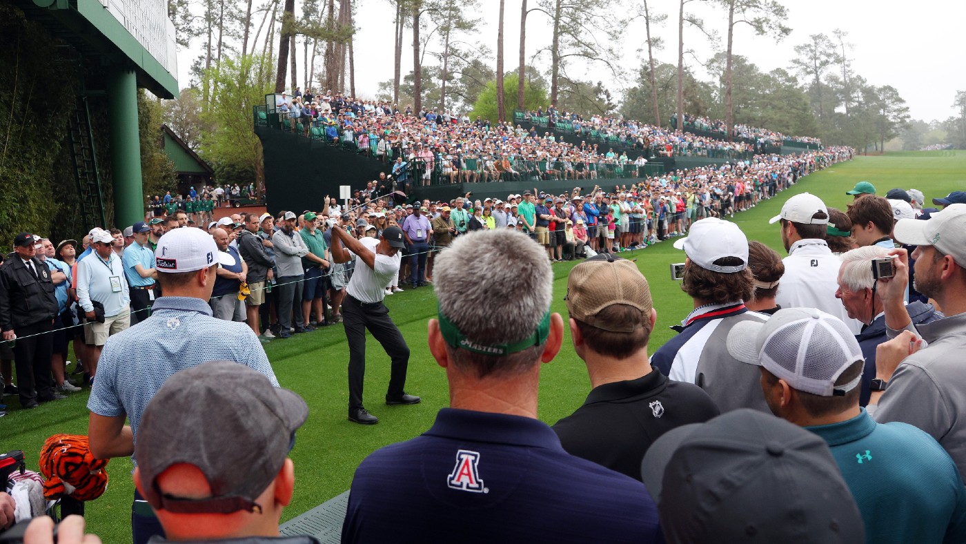 Tiger Woods tees off during a practice round at the Masters on Wednesday