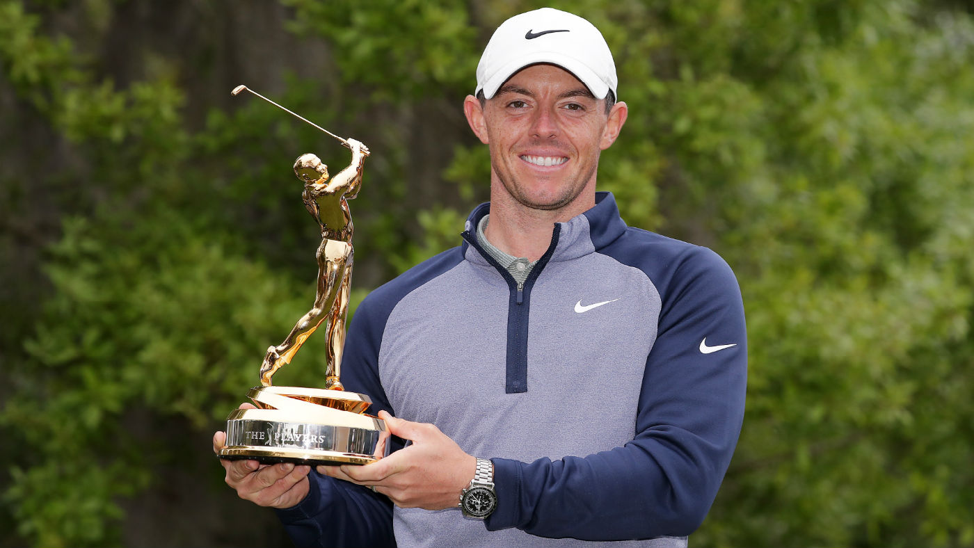 Rory McIlroy celebrates with the trophy after his win at The Players Championship at Sawgrass in 2019