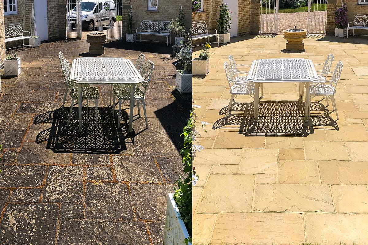 Side-by-side before and after images of a dirty and clean patio