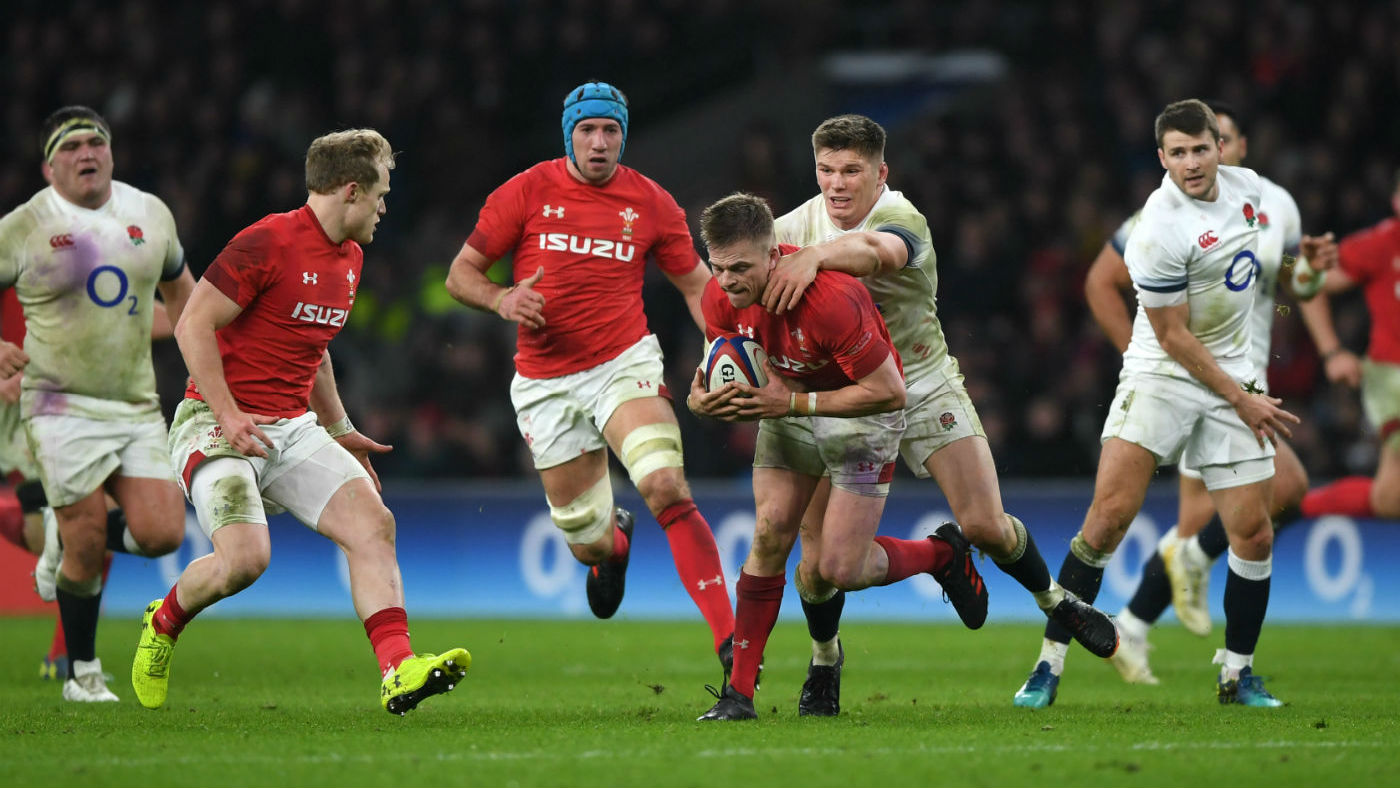 Gareth Anscombe of Wales is tackled by England’s Owen Farrell during the 2018 Six Nations clash