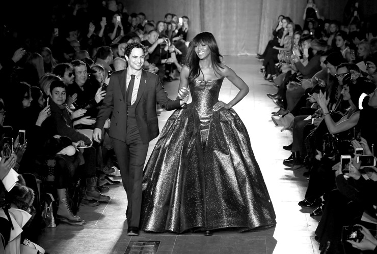 NEW YORK, NY - FEBRUARY 16:Zac Posen and Noami Campbell walk the runway at the Zac Posen fashion show during Mercedes-Benz Fashion Week Fall 2015 at Vanderbilt Hall at Grand Central Terminal 