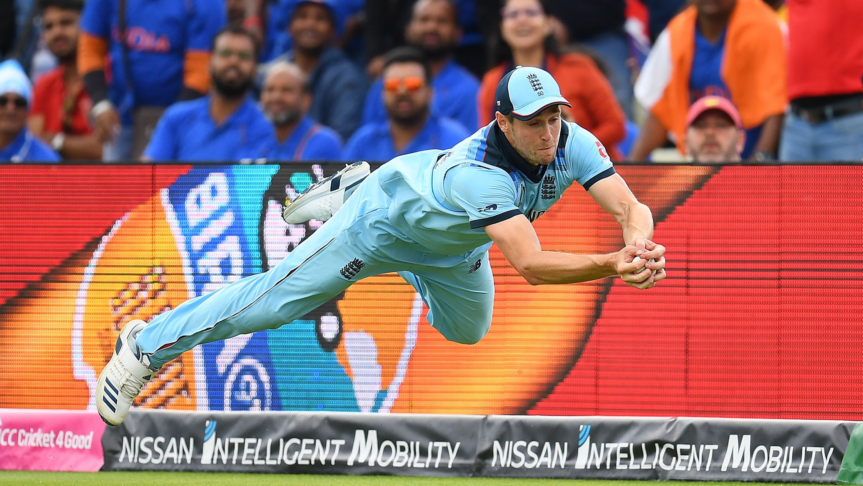 Chris Woakes takes a diving catch to dismiss Rishabh Pant during England&#039;s victory at the Cricket World Cup