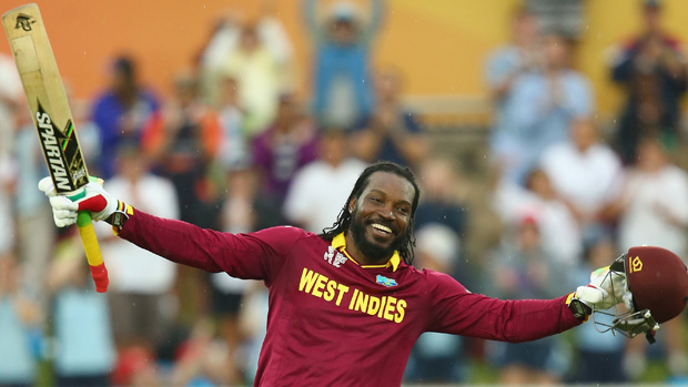 Chris Gayle of West Indies celebrates his double century during the 2015 ICC Cricket World Cup match between the West Indies