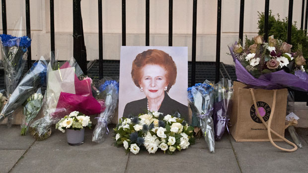 Flowers and mementos left by members of the public and admirers sit outside the home of former British Prime Minister Margaret Thatcher in central London on April 8th 2013. Former British pri