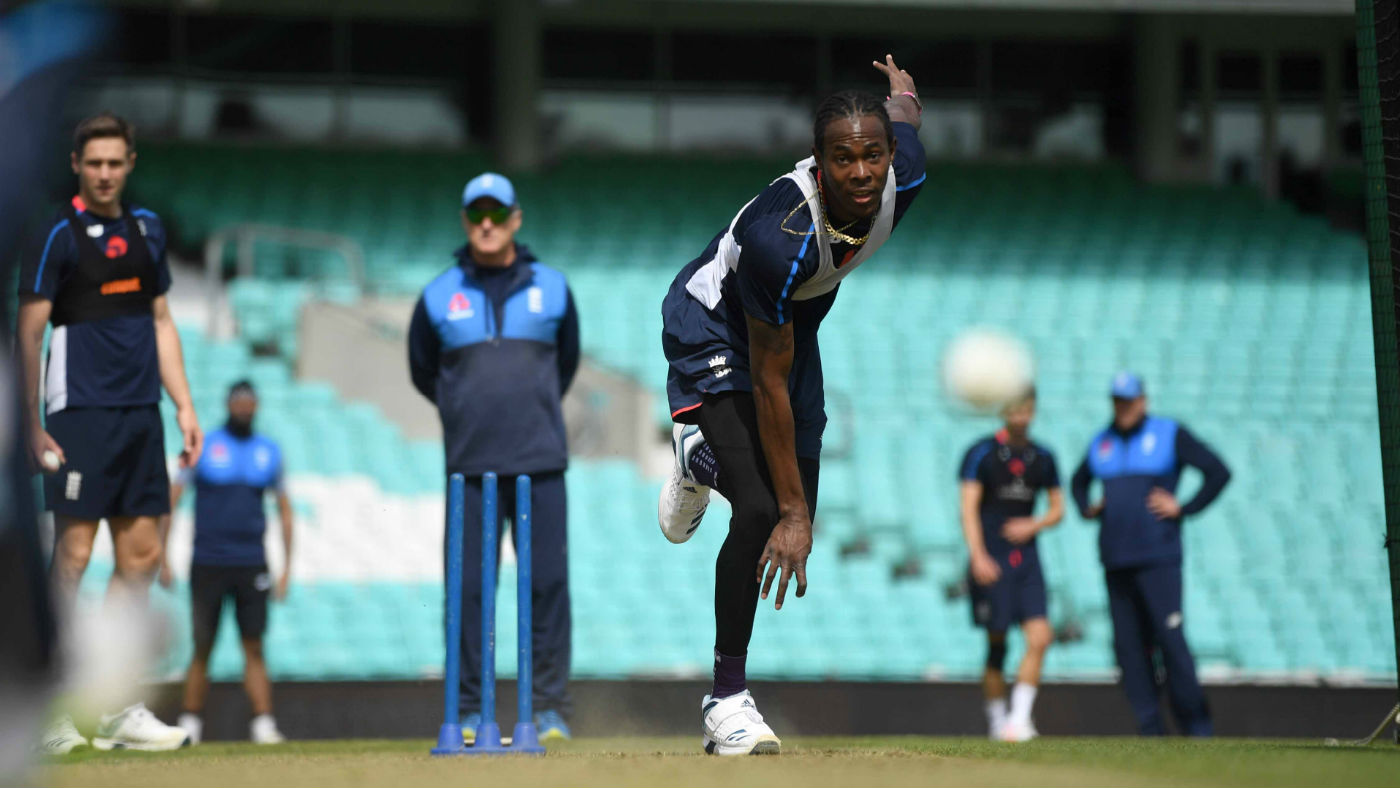 England bowler Jofra Archer takes part in a net session