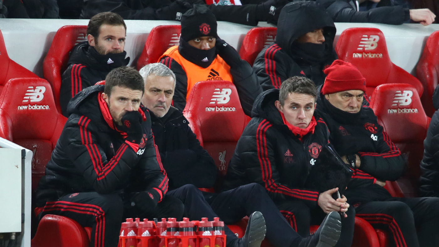 Manchester United manager Jose Mourinho watches on as his side lost against Liverpool at Anfield