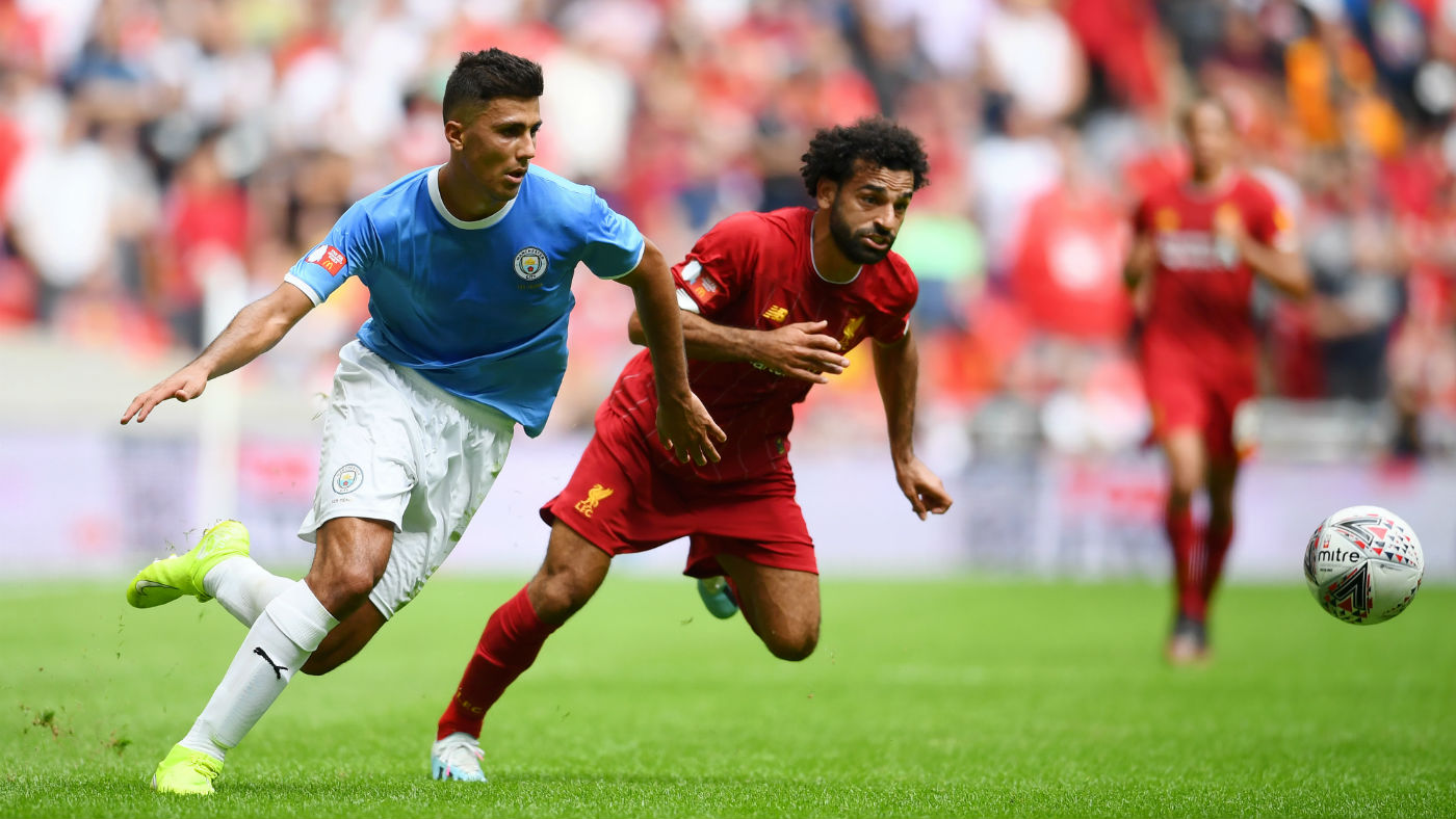 Manchester City midfielder Rodri in action against Liverpool’s Mohamed Salah during the FA Community Shield in August 