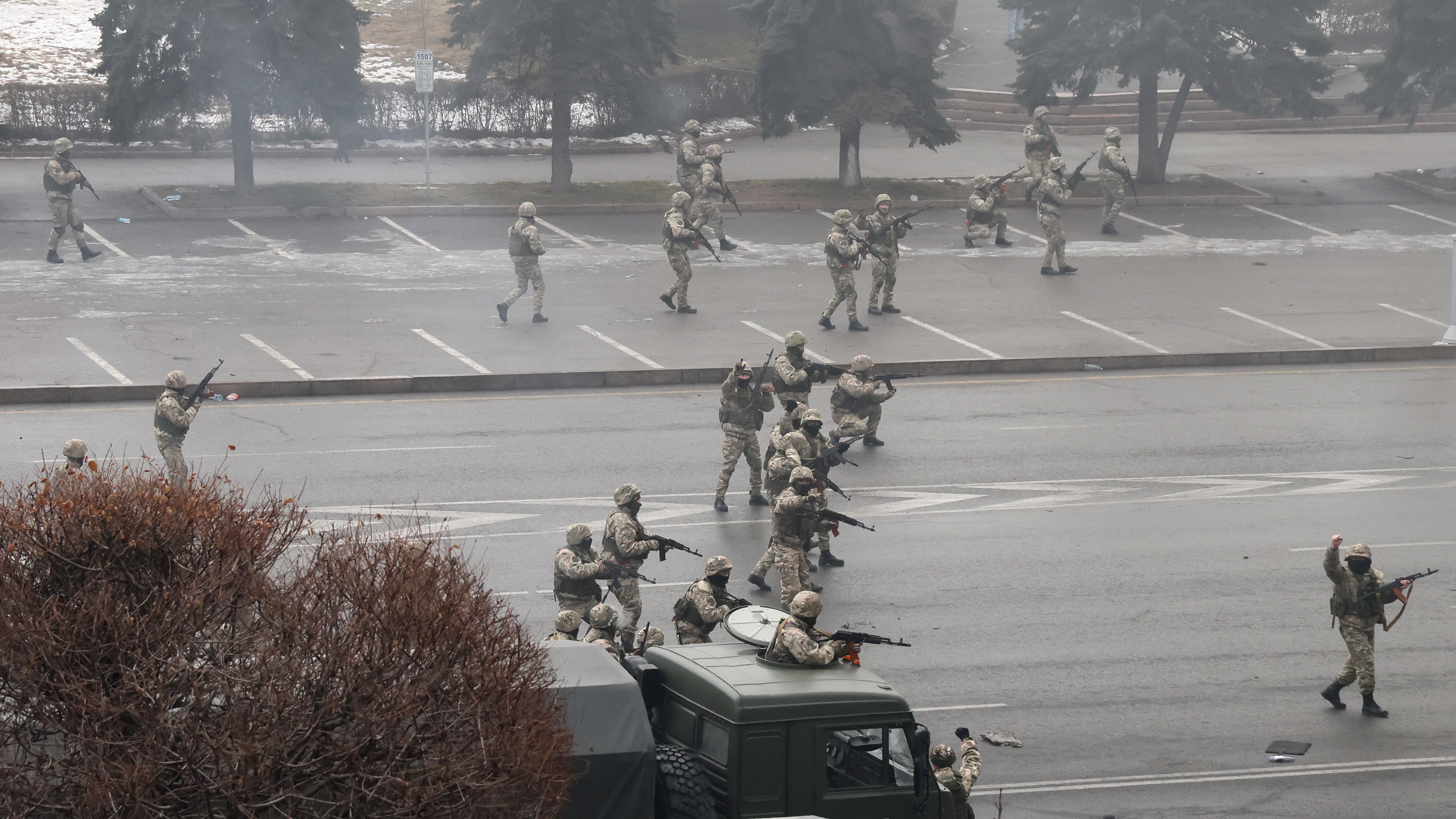 Security forces on the streets in Almaty, Kazakhstan