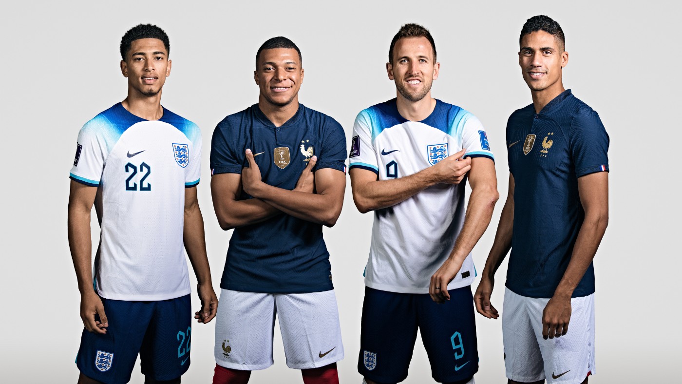 England’s Jude Bellingham and Harry Kane and France’s Kylian Mbappé and Raphaël Varane 