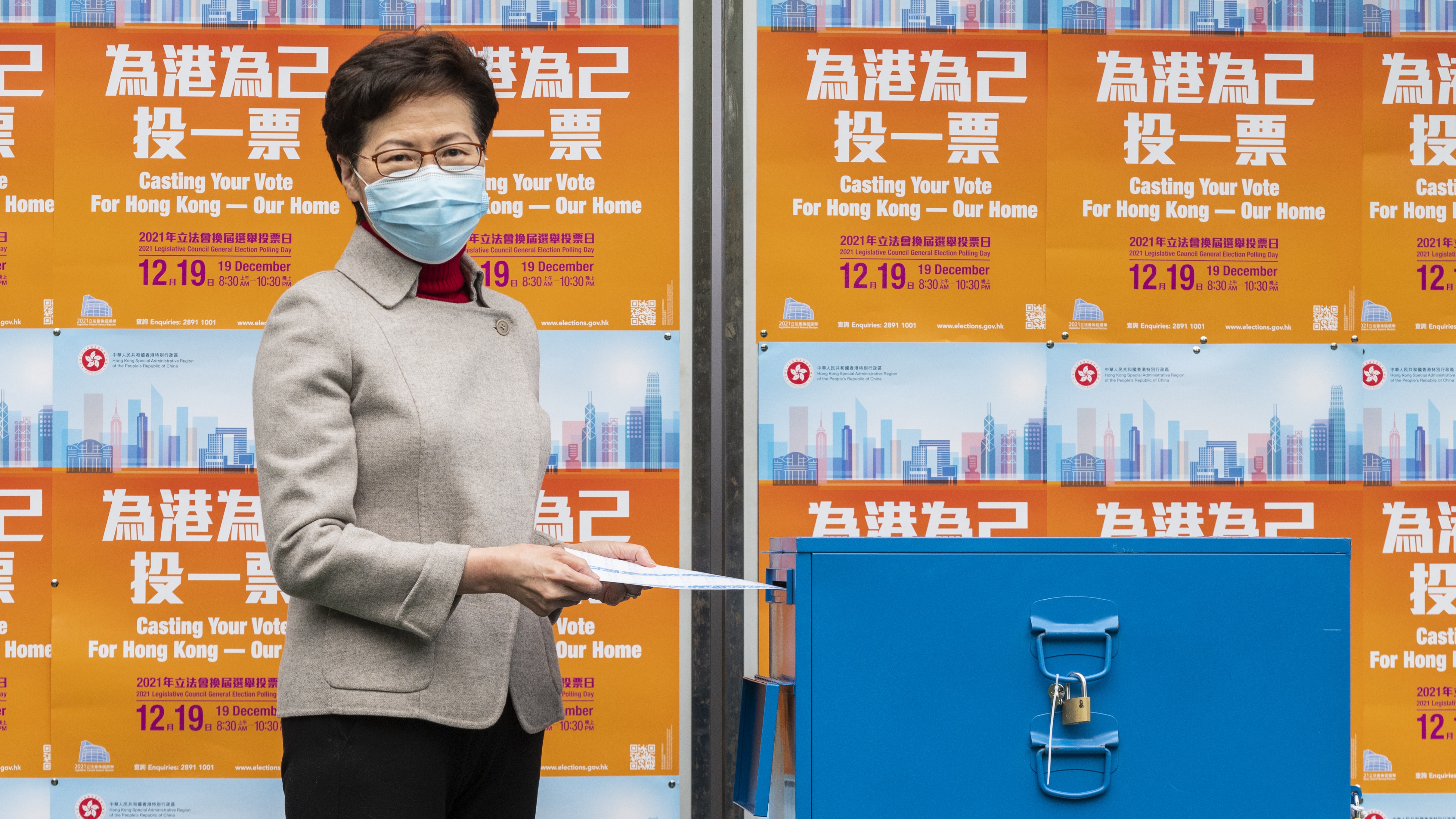 Hong Kong Chief Executive Carrie Lam casts her vote